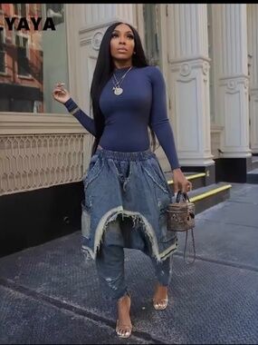 Women's Denim Blue Jeans Harem Punk Hip Hop Fringe Pockets Y2k Pants Sz M